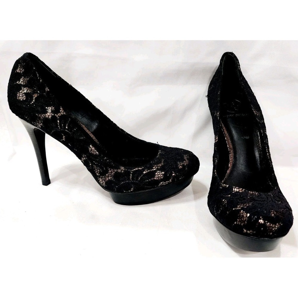 Tory Burch BLACK FABRIC LACE Mesh Silver Leather Stiletto Heel Pump High 9.5 New